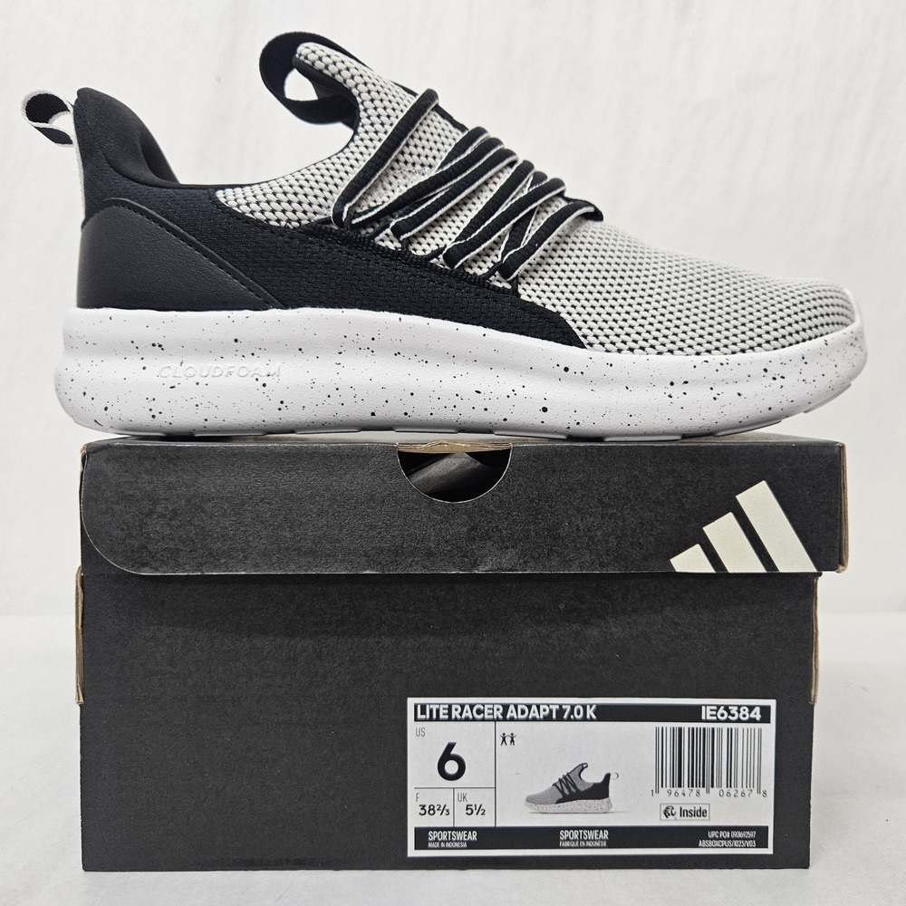Adidas Lite Racer Adapt 7.0 K Athletic Shoes IE6384 Black White Kids Size 6